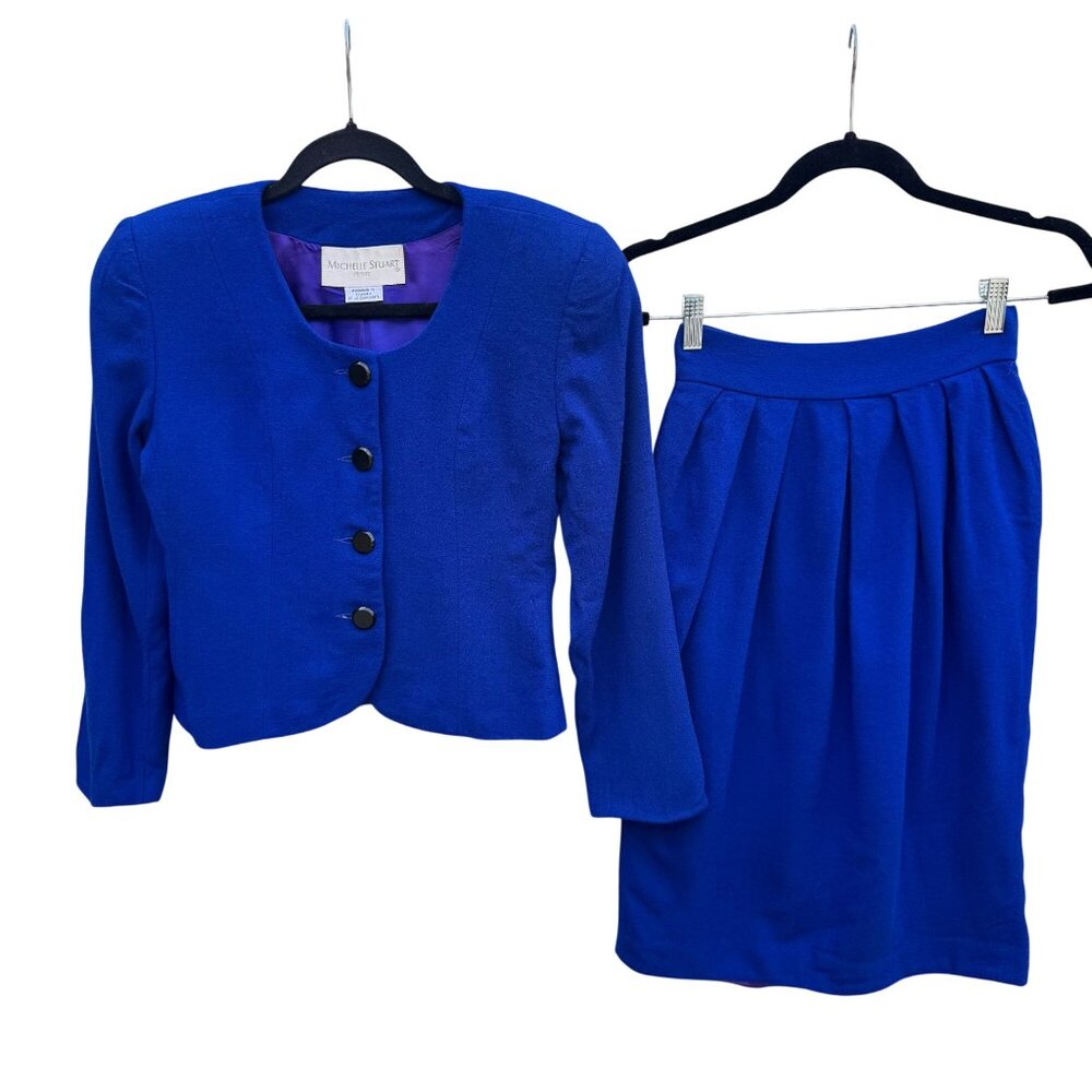 Michelle Stuart Petite Vintage Wool Royal Blue Blazer Pleated Skirt Set Womens 4